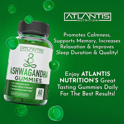 Atlantis Nutrition Ashwagandha Gummies - Ashwagandha Extract 30:1 - Promotes Calmness, Improves Mood, Boosts Energy Levels & Strengthens Immune System - Formulated w/Vitamin D & Zinc - Vegan | 60 Ct