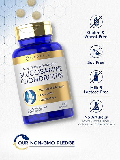 Carlyle Glucosamine Chondroitin MSM | 250 Mini Tablets | Advanced Formula with Turmeric | Non-GMO, Gluten Free