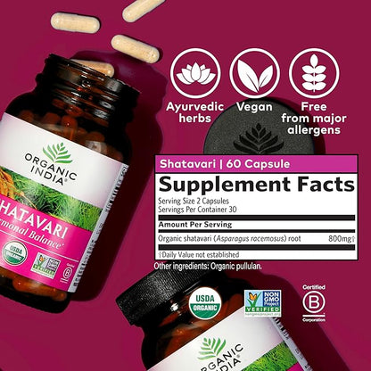 ORGANIC INDIA Shatavari Capsules - Herbal Supplement, Supports Hormonal Balance & Immune System, Vegan, Gluten-Free, USDA Organic, Supports Reproductive Health - 60 Capsules