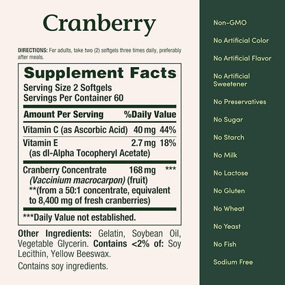 Nature's Bounty Cranberry Pills for Women Urinary Tract Health, Cranberry Supplements with Concentrate & Vitamin C, 120 Softgels