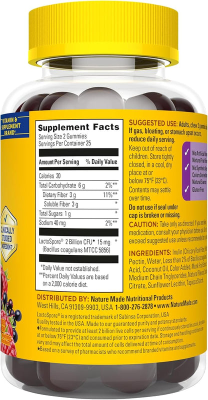 Nature Made Probiotic + Prebiotic Fiber Gummies for Daily Gut Health, Fiber Supplement with Probiotics for Digestive Health Support, 50 Gummies, 25 Day Supply