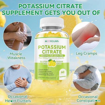Potassium Citrate 1000mg Gummies, Potassium Supplement for Adults Women and Men, with Magnesium, Vitamin B6 Chewable Supplements, Support Electrolyte Balance, Muscular & Nerve Function, 60 Count
