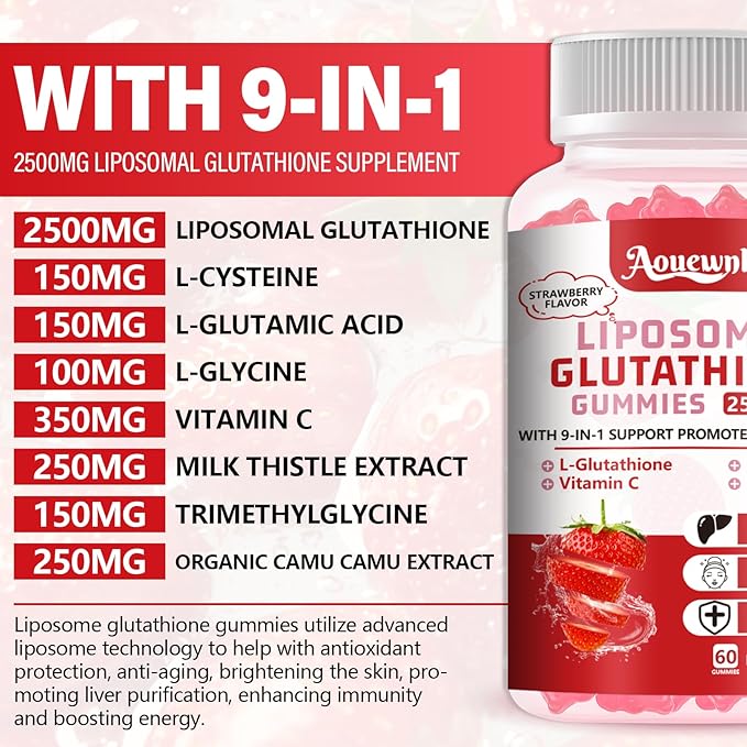 1 Pack 2500MG Liposomal Glutathione Gummies Supplement - Support Skin & Liver Function, 98% Bioavailability, with L-Glutathione & Milk Thistle to Support Antioxidant & Enhance Immunity