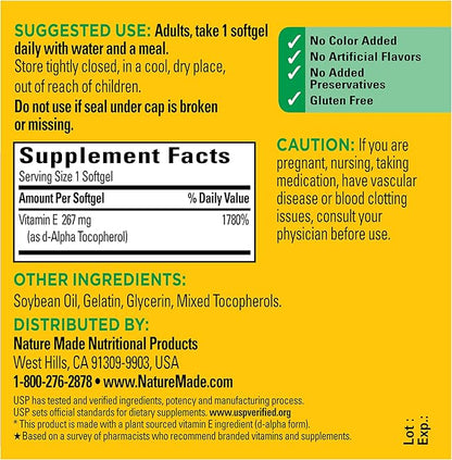 Nature Made Vitamin E 400 IU Softgels 267 mg d-Alpha, Dietary Supplement for Antioxidant and Skin Support, 100 Softgels, 100 Day Supply