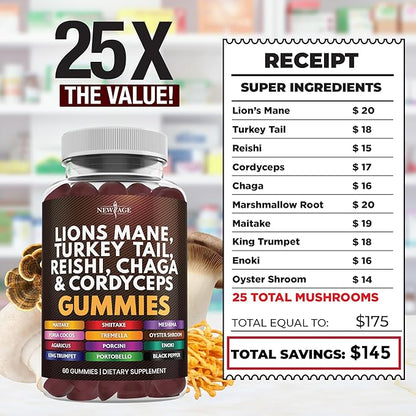 NEW AGE Mushroom Lion's Mane Supplement Gummies - Comprehensive Mushroom Supplement with Reishi, Cordyceps - 180 Count
