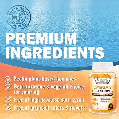 Omega 3 Fish Oil Gummies - Heart Healthy Omega 3 Gummy Supplement with High Absorption DHA & EPA, Extra Strength Joint & Brain Support, Delicious Orange Flavor Fish Oil Nature's Vitamin - 120 Gummies
