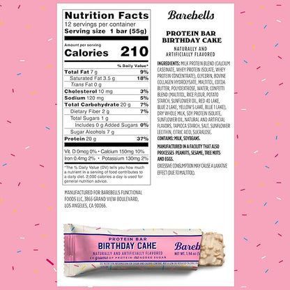 Barebells Protein Bars Birthday Cake - 12 Count, 20g High Protein Treats - Chocolate Nutrition Bar with 1g Total Sugars - On-The-Go Breakfast or Post-Workout Snack
