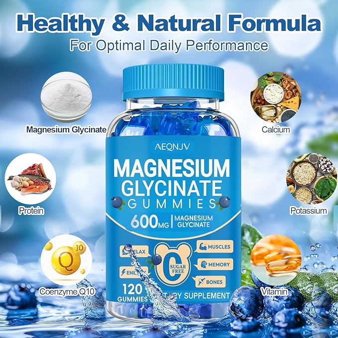 Magnesium Glycinate Gummies 600mg, Chewable Sugar Free Potassium Magnesium Gummies with Manganese Glycinate, Vitamin D, B6, and CoQ10 for Calm Support & Sleep for Adults, 60 Days Supply