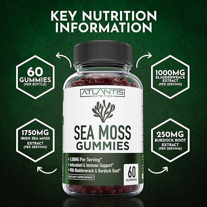Irish Sea Moss Gummies - 3000MG - Formulated w/ Irish Sea Moss, Bladderwrack & Burdock Root, Contain Essential Vitamin & Mineral - Antioxidant-Rich Superfood Supplement, 60 Sea Moss Gummies for Adults