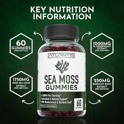 Irish Sea Moss Gummies - 3000MG - Formulated w/ Irish Sea Moss, Bladderwrack & Burdock Root, Contain Essential Vitamin & Mineral - Antioxidant-Rich Superfood Supplement, 60 Sea Moss Gummies for Adults