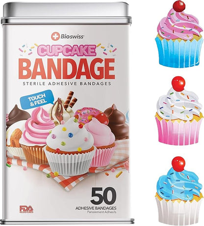 BioSwiss Bandages, Cupcake Shaped Self Adhesive Bandage Set, Latex Free, Sterile Wound Care, 50 Count