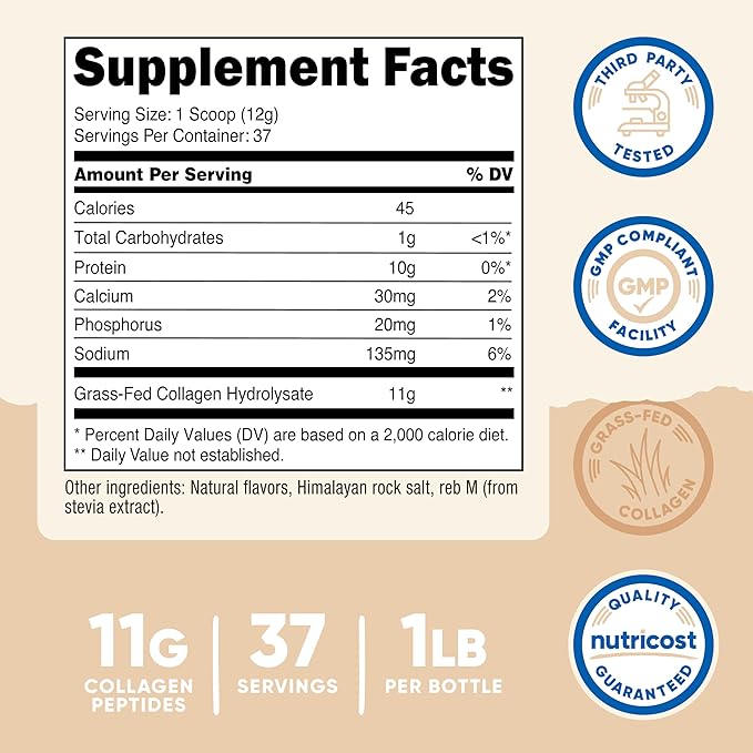 Nutricost Collagen Peptides Powder 1LB (454 G) (Vanilla) - Grass Fed Bovine Collagen Hydrolysate