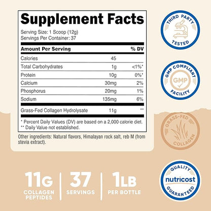 Nutricost Collagen Peptides Powder 1LB (454 G) (Vanilla) - Grass Fed Bovine Collagen Hydrolysate