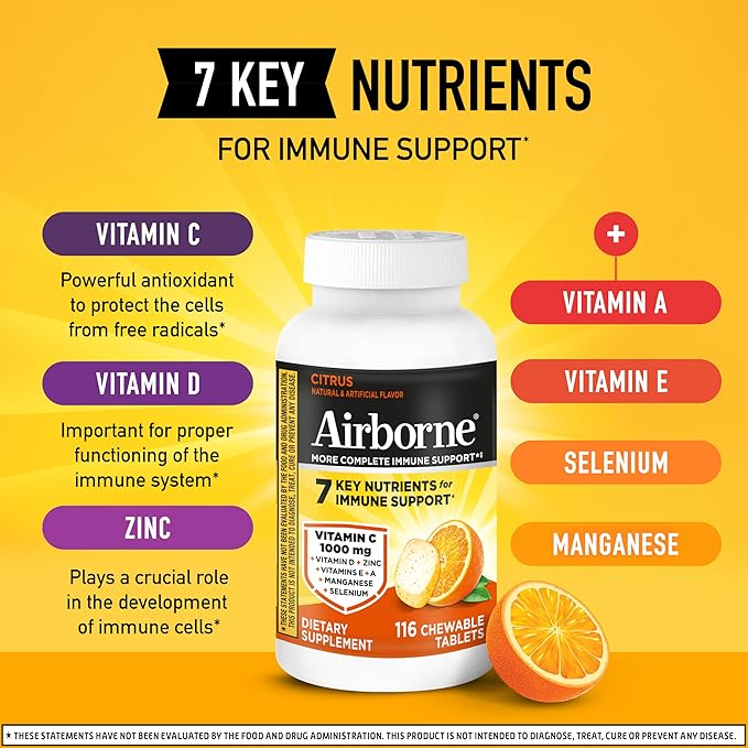 Airborne Vitamin C 1000mg (per Serving) - Citrus Chewable Tablets (116 Count in a Bottle), Gluten-Free Immune Support Supplement, with Vitamins A C E, Zinc, Selenium, Echinacea, Ginger, Antioxidants