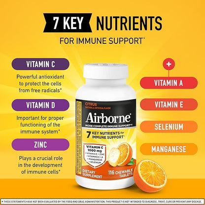 Airborne Vitamin C 1000mg (per Serving) - Citrus Chewable Tablets (116 Count in a Bottle), Gluten-Free Immune Support Supplement, with Vitamins A C E, Zinc, Selenium, Echinacea, Ginger, Antioxidants