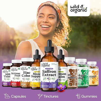 Wild & Organic Saffron Supplements 88.5 mg - 5-Month Supply - Saffron Extract Drops for Mood, Focus, Eye Support - Crocus Sativus Liquid Extract - Vegan, Alcohol & Sugar-Free Tincture - 4 fl oz