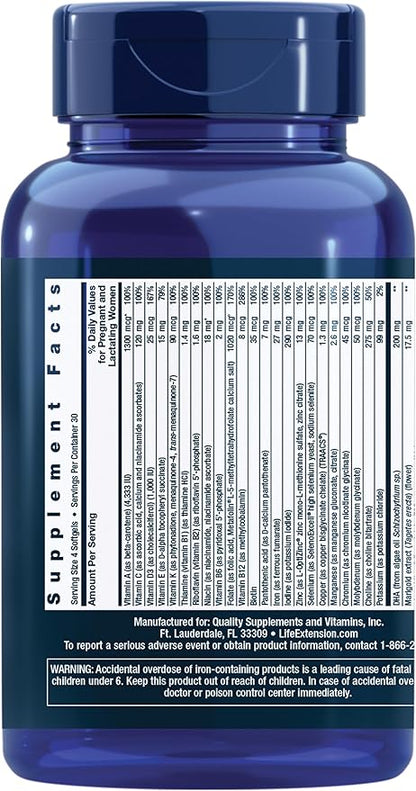 Life Extension Prenatal Advantage, Women’s multivitamin, Baby Support, folic Acid, Choline, omega-3s, Vitamin C, D3, B1, B6, B12, zinc, niacin, Gluten Free, Non-GMO, 120 softgels