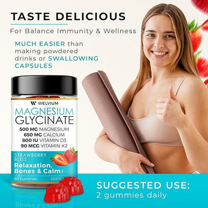 Magnesium Glycinate Gummies with Ashwagandha, L-Theanine - 500mg Magnesium Glycinate, D3, K2, B6, Calcium, Zinc, Potassium Supplement for Muscle, Immune and Bone Support, Chewable Magnesium
