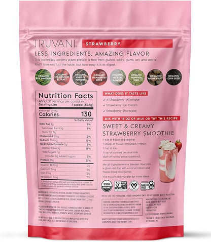 Truvani Vegan Pea Protein Powder | Strawberry | 20g Organic Plant Based Protein | 10 Servings | Keto | Gluten & Dairy Free | Low Carb | No Added Sugar