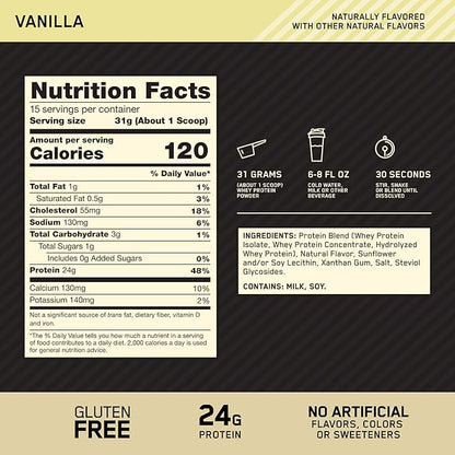 Optimum Nutrition Gold Standard 100% Whey Protein Powder, Naturally Flavored Vanilla, 15 Servings (Packaging May Vary)