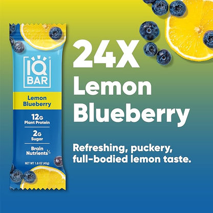 IQBAR Clean Plant Protein Bars - Lemon Blueberry - 24 Count - Keto, Vegan, High Fiber, Gluten and Dairy Free, Low Sugar Snack - Brain and Body Nutrients for Focus, Energy, Meal Replacement