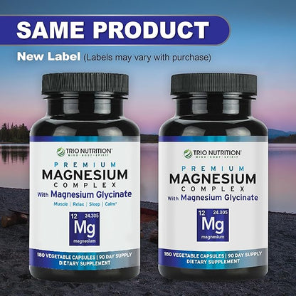 Trio Nutrition Magnesium Complex 90 Day Supply 420 mg | Natural Calm, Relax, Stress Relief, and Muscle Recovery |Magnesium Glycinate Supplement with Vitamin B6 for Rapid Absorption*