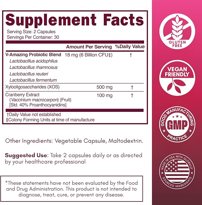 SOON+ Vaginal Probiotics for Women, V-Sync Vaginal Probiotic with Lactobacillus, Cranberry & Prebiotics, Support pH Balance for Women, Urinary Health Digestive Support, 6 Billion CFU, 60 Capsules