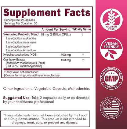 SOON+ Vaginal Probiotics for Women, V-Sync Vaginal Probiotic with Lactobacillus, Cranberry & Prebiotics, Support pH Balance for Women, Urinary Health Digestive Support, 6 Billion CFU, 60 Capsules