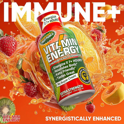 Vitamin Energy Immune+ Extra Strength Energy Shot Fruit Punch 24 Pack, 260mg Natural Caffeine, B-Vitamins, Citicoline, Green Tea, Immunity & Focus Support, Zero Sugar, Gluten-Free 1.93 fl oz