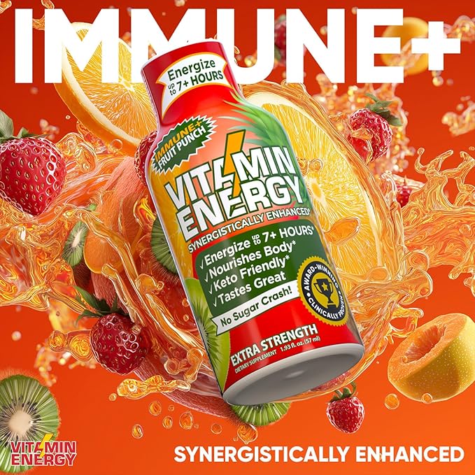 Vitamin Energy Immune+ Extra Strength Energy Shot Fruit Punch 12 Pack, 260mg Natural Caffeine, B-Vitamins, Citicoline, Green Tea, Immunity & Focus Support, Zero Sugar, Gluten-Free 1.93 fl oz