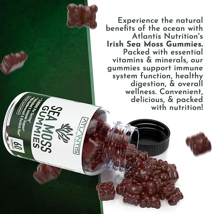 Irish Sea Moss Gummies - 3000MG - Formulated w/ Irish Sea Moss, Bladderwrack & Burdock Root, Contain Essential Vitamin & Mineral - Antioxidant-Rich Superfood Supplement, 60 Sea Moss Gummies for Adults