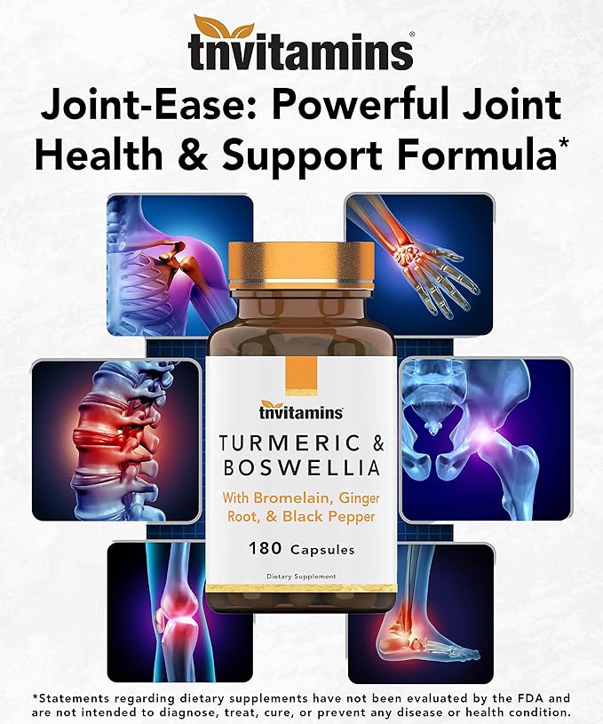 tnvitamins Turmeric & Boswellia Complex (180 Capsules) with Ginger Root, Bromelain, & Black Pepper Extract | Joint-Ease Formula: Powerful Joint Support Supplement* | Produced in The USA