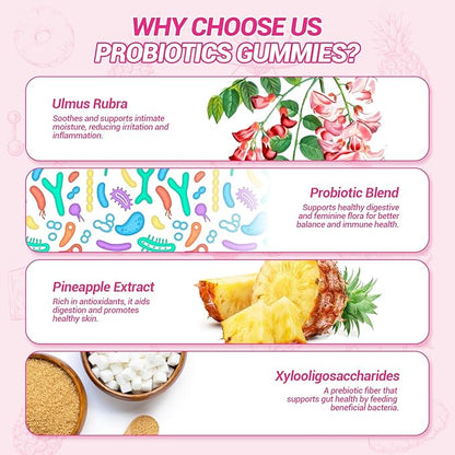 Her Juicy Feminine Probiotics Gummies, Premium Feminine Balance Probiotics with Slippery Elm for Women's pH Balance and Freshness – Support Daily Wellness & Comfort 120 Pineapple Gummies