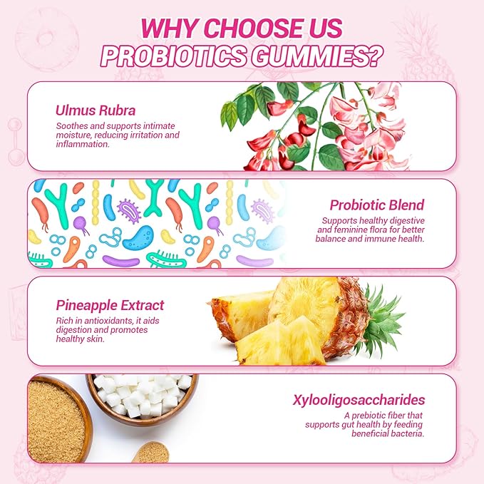 Her Juicy Feminine Probiotics Gummies, Premium Feminine Balance Probiotics with Slippery Elm for Women's pH Balance and Freshness – Support Daily Wellness & Comfort 60 Pineapple Gummies