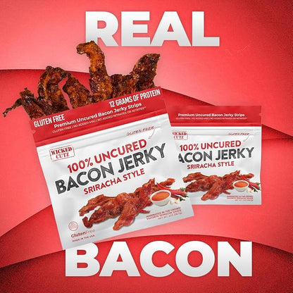 Sriracha Flavored Bacon Jerky, 12g Protein Per Bag, Tender & Easy to Chew Fully Cooked Bacon, USA Made, High Protein Carnivore Snacks (2 Bags)