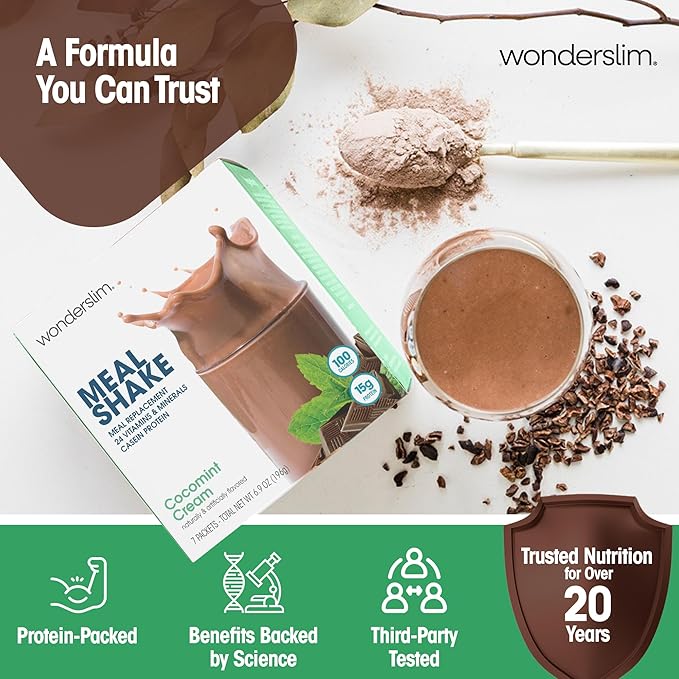 WonderSlim Meal Replacement Shake, CocoMint Cream, 15g Protein, 24 Vitamins & Minerals, Gluten Free (7ct)