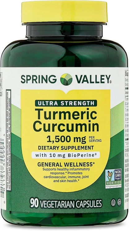 Spring Valley Turmeric Curcumin Supplement – Ultra Strength 1,500 mg, 90 Vegetarian Capsules, Supports Joint & General Wellness (Packaging May Vary)