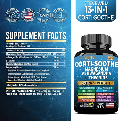 Corti-Soothe Cortisol Supplement for Women and Men with Magnesium Glycinate 200mg, L-Theanine 150mg, Phosphatidylserine 50mg & Manager Holy Basil Ginkgo Biloba Bacopa Monnieri Valerian 60 Capsules