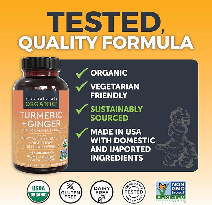 Turmeric and Ginger Supplement with Black Pepper for Better Absorption - Organic Turmeric Curcumin to Support Joint, Heart and Digestive Health, Non-GMO - 120 Tablets