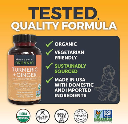Turmeric and Ginger Supplement with Black Pepper for Better Absorption - Organic Turmeric Curcumin to Support Joint, Heart and Digestive Health, Non-GMO - 120 Tablets