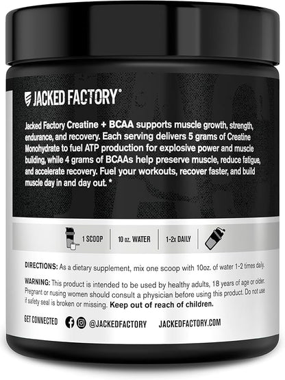 Jacked Factory Creatine + BCAAs - Creatine Monohydrate + BCAA Powder for Increased Post-Workout Recovery, Performance, Lean Muscle Growth, & Reduced Fatigue - 30 Servings, Unflavored
