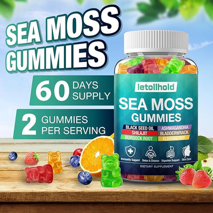 Sea Moss Gummies - Irish Sea Moss Gummies Advanced for Adults with Ashwagandha Bladderwrack & Burdock Root for Supports Immune，Energy - 60 Vegan Gummy,2PCS