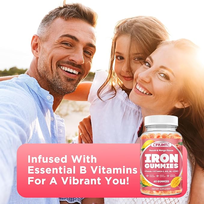Center-Filled Iron Gummies for Adults & Kids - Iron Supplement with Vitamin B6, B12, C, Zinc, Folate - Support Women Iron Deficiency, Anemia, Blood Builder - Sugar Free Vegan 60ct Peach & Mango Flavor