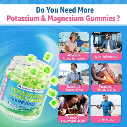 Potassium Citrate Gummies 1666mg for Adults - Potassium Supplement, Magnesium Glycinate, Zinc, B6, B12 & C – Electrolyte Gummies for Energy, Recovery & Leg Cramps, Vegan 120 Cts