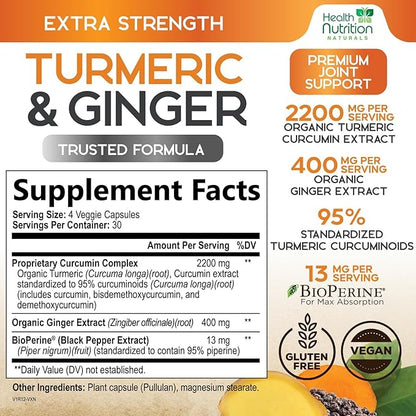 Turmeric Curcumin Supplement - 2200mg Curcumin Complex & 400mg Organic Ginger per Serving - 95% Curcuminoids & BioPerine Black Pepper for Best Absorption & Joint Support, Bottled in USA - 120 Capsules