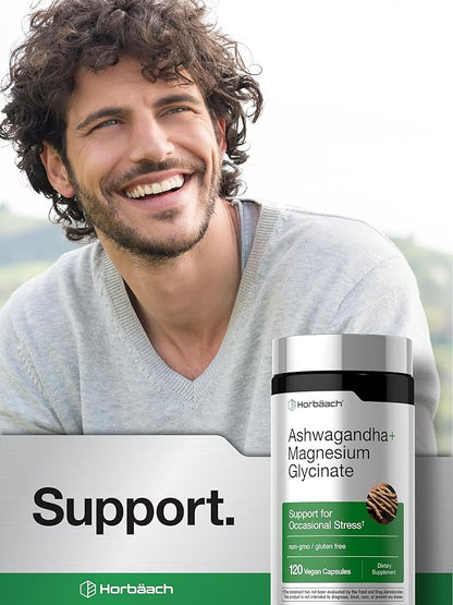 Horbäach Ashwagandha and Magnesium Glycinate | 120 Vegan Capsules | Support Supplement for Stress | Non-GMO, Gluten Free