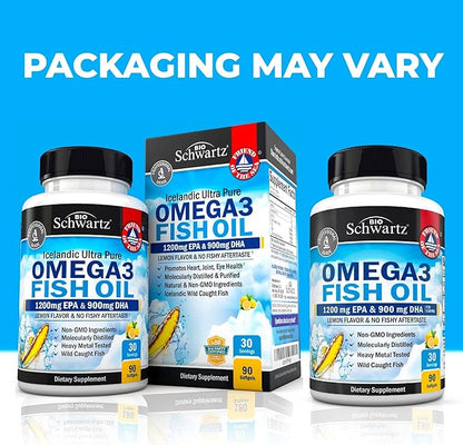 Triple Strength Omega 3 Fish Oil 3000mg - High Potency Omega 3 Supplement for Women and Men, Burpless Lemon Flavor Fish Oil - 2250mg Essential Fatty Acids with DHA & EPA, Wild Caught, 90 Softgels