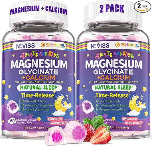 Neviss Magnesium Glycinate + Calcium Filled Gummies for Adults and Kids 4+, Kids Sleep Gummies Melatonin Free, No Sugar Magnesium Supplement w/B6 D3, L-Theanine for Zzz Relax, Brain,Bone,Muscle 2Pack