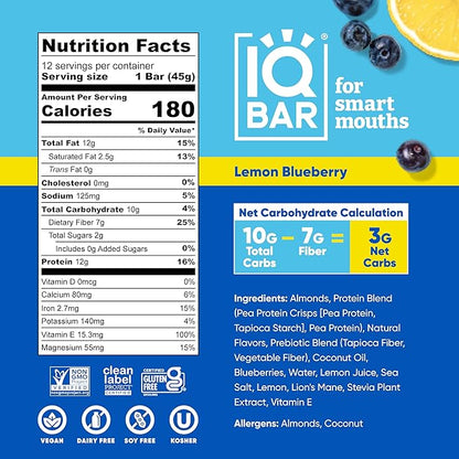 IQBAR Clean Plant Protein Bars - Lemon Blueberry - 12 Count - Keto, Vegan, High Fiber, Gluten and Dairy Free, Low Sugar Snack - Brain and Body Nutrients for Focus, Energy, Meal Replacement