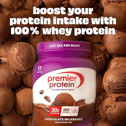 Premier Protein Powder, Chocolate Milkshake, 30g Protein, No Added Sugar, 100% Whey Protein, Keto Friendly, Soy & Gluten Free, 24.5 oz (17 Servings)